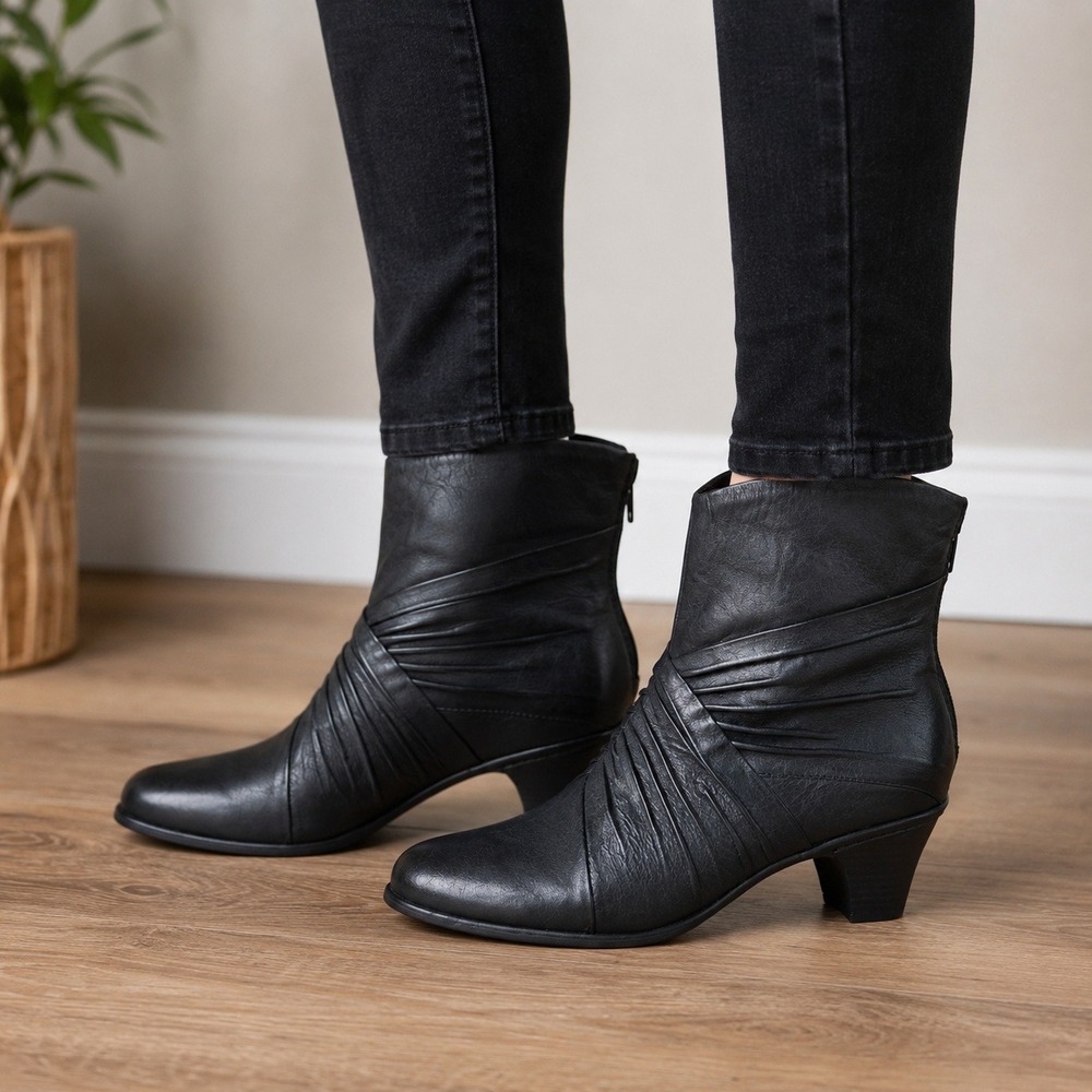 Cobb Hill Shannon Black Leather Ruched Ankle Boots Block Heel Back Zip Womens 8